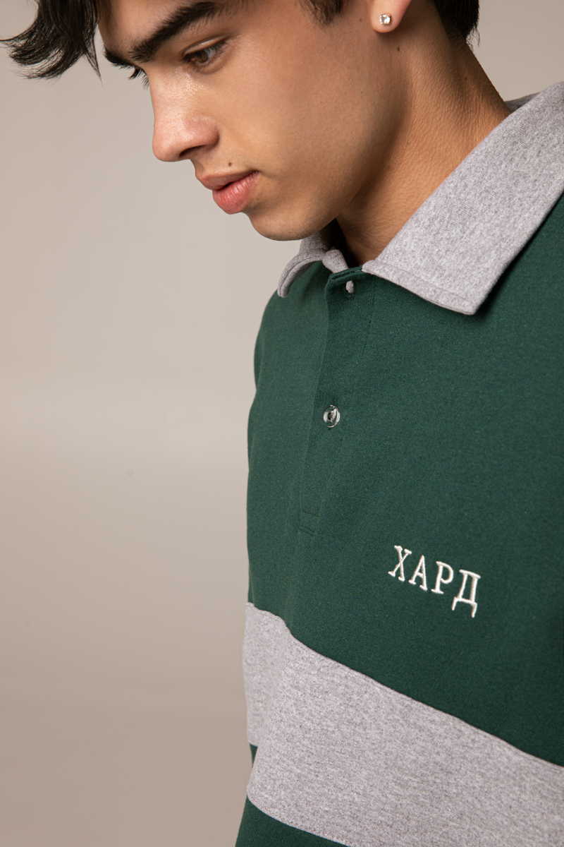 Green & Grey Long Sleeve Rugby Polo Shirt