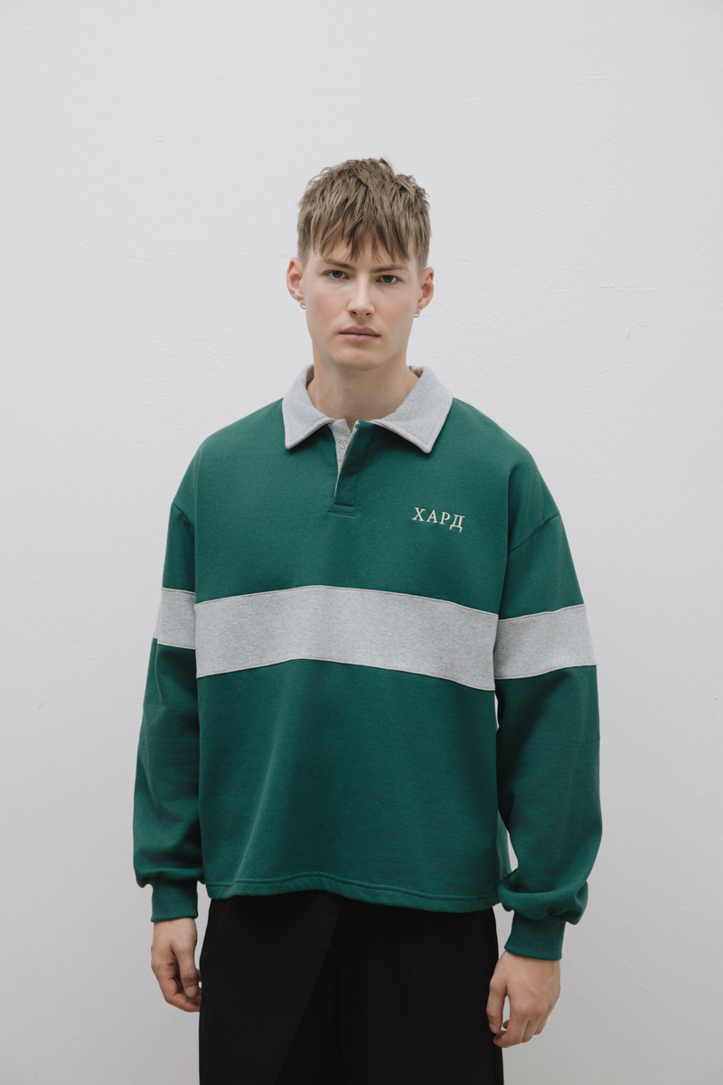 Green & Grey Long Sleeve Rugby Polo Shirt