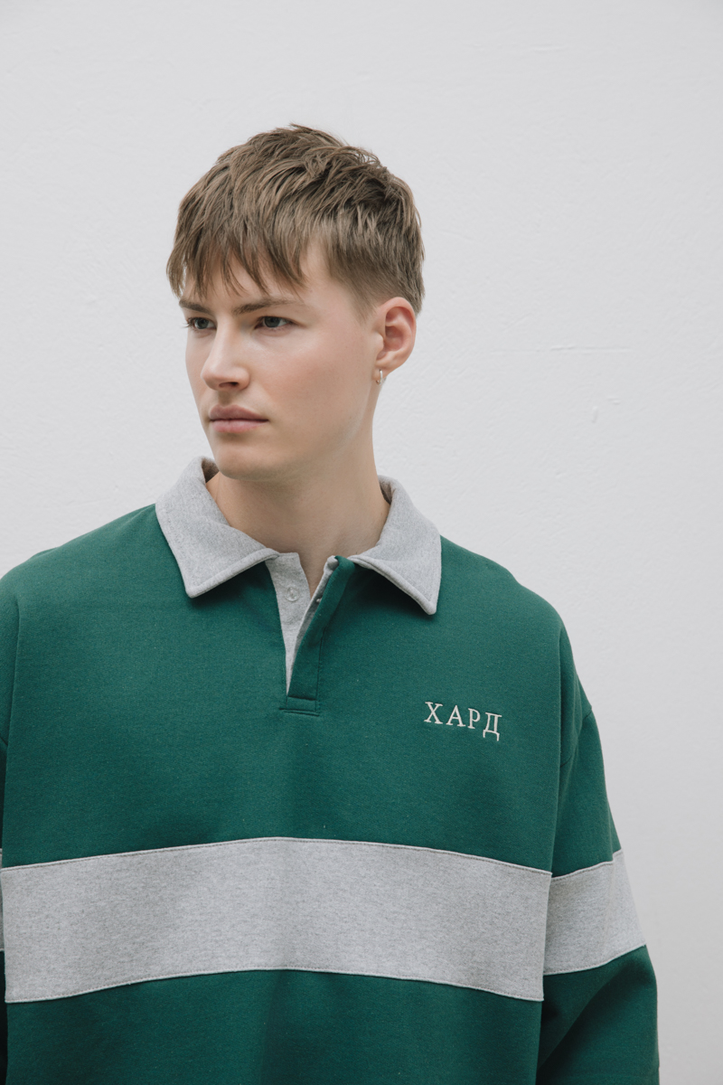 Green & Grey Long Sleeve Rugby Polo Shirt