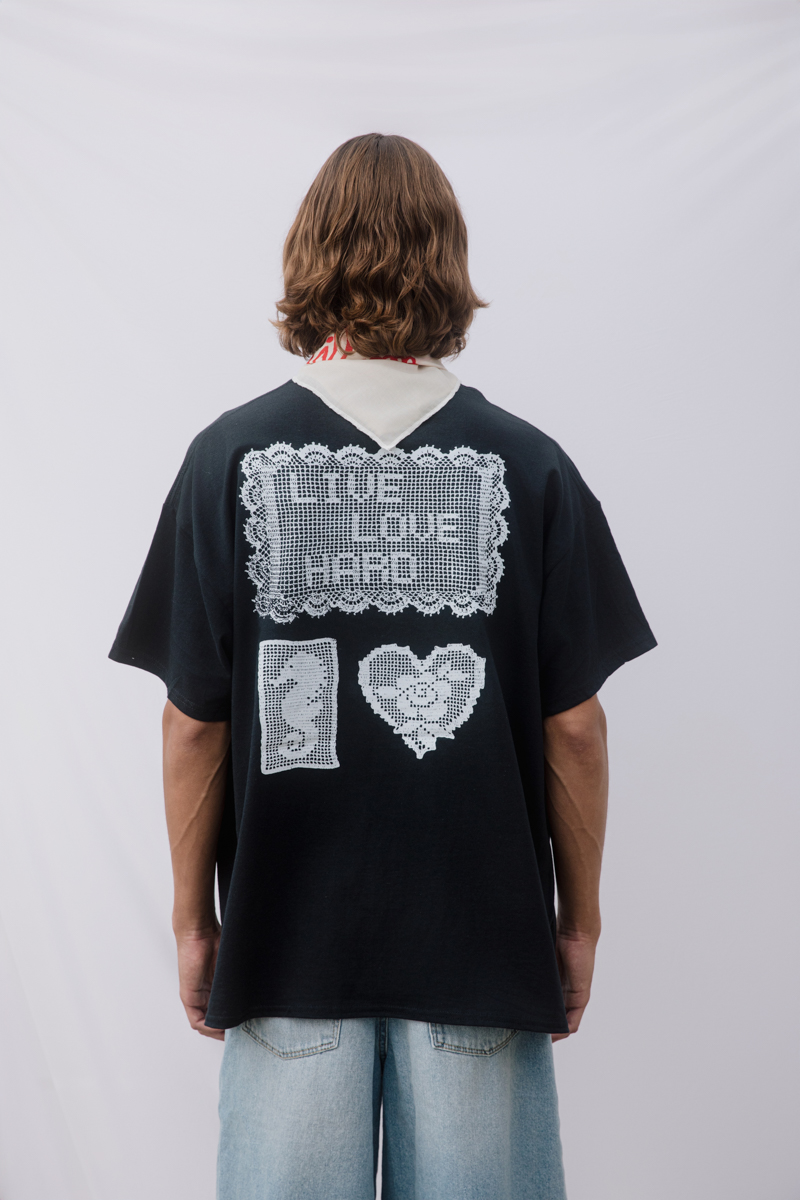 Crocheted Doilies Pattern T-Shirt , Black