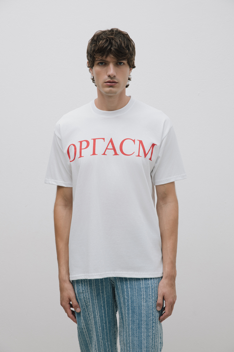 Orgasm T-Shirt , White Big Red Logo