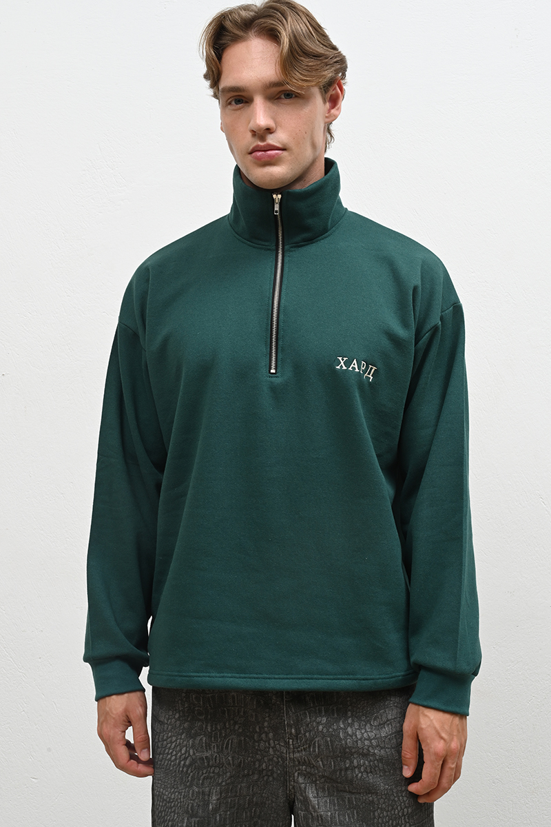 The Hard Classic Zip Neck Sweatshirt , Olive Green